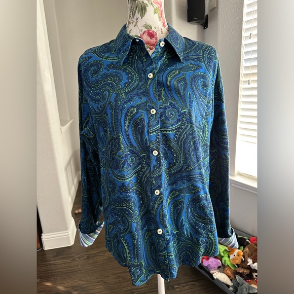 Liz Claiborne long sleeve paisley dark blue deep color pattern fun cuff pattern - Picture 2 of 13